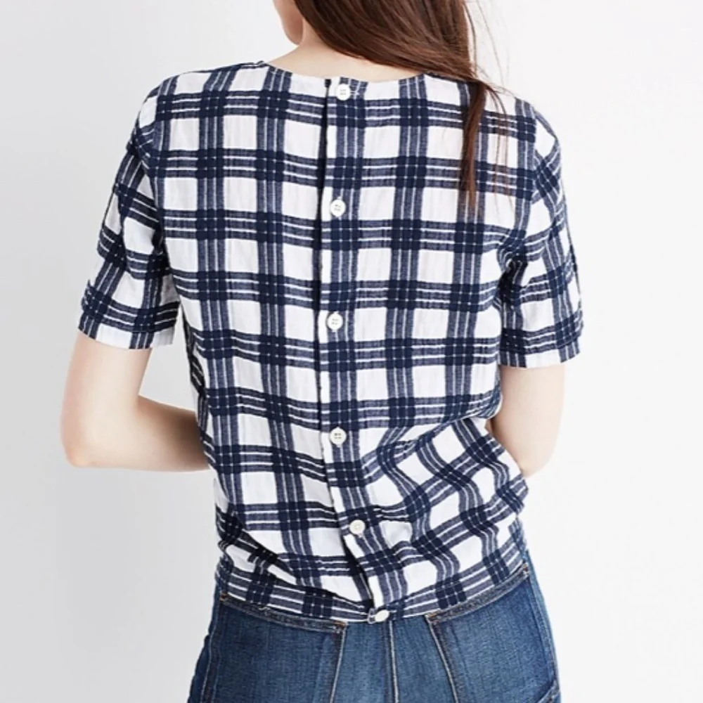 🍕🪻Madewell Plaid Button-Back Tie Tee blue white small CLOSEOUT